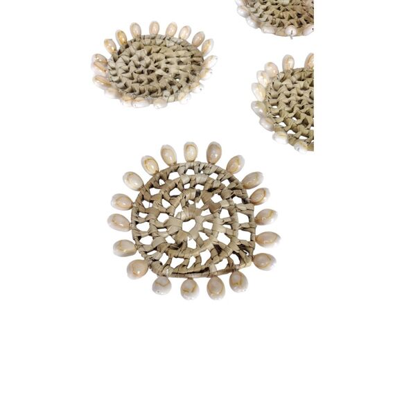 Vintage 70s Bohemian Woven Raffia Cowie Shell Coasters & Basket Coaster Holder - Picture 9 of 10